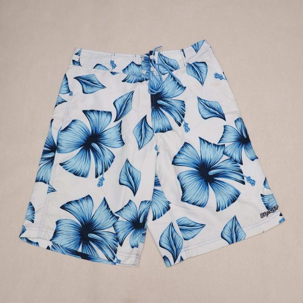 BKE WET Mens Board Shorts Floral Blue White Y2K Surf Hawaiian Swim Trunks 28